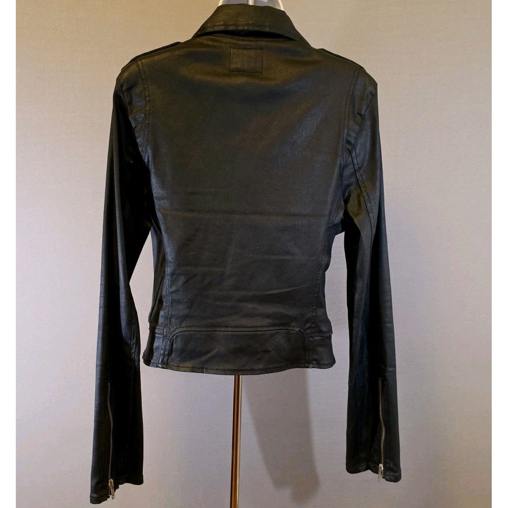 True Religion Women's Black Wax Coated Denim Moto Jacket Sz L Biker Grunge Punk - Picture 4 of 13